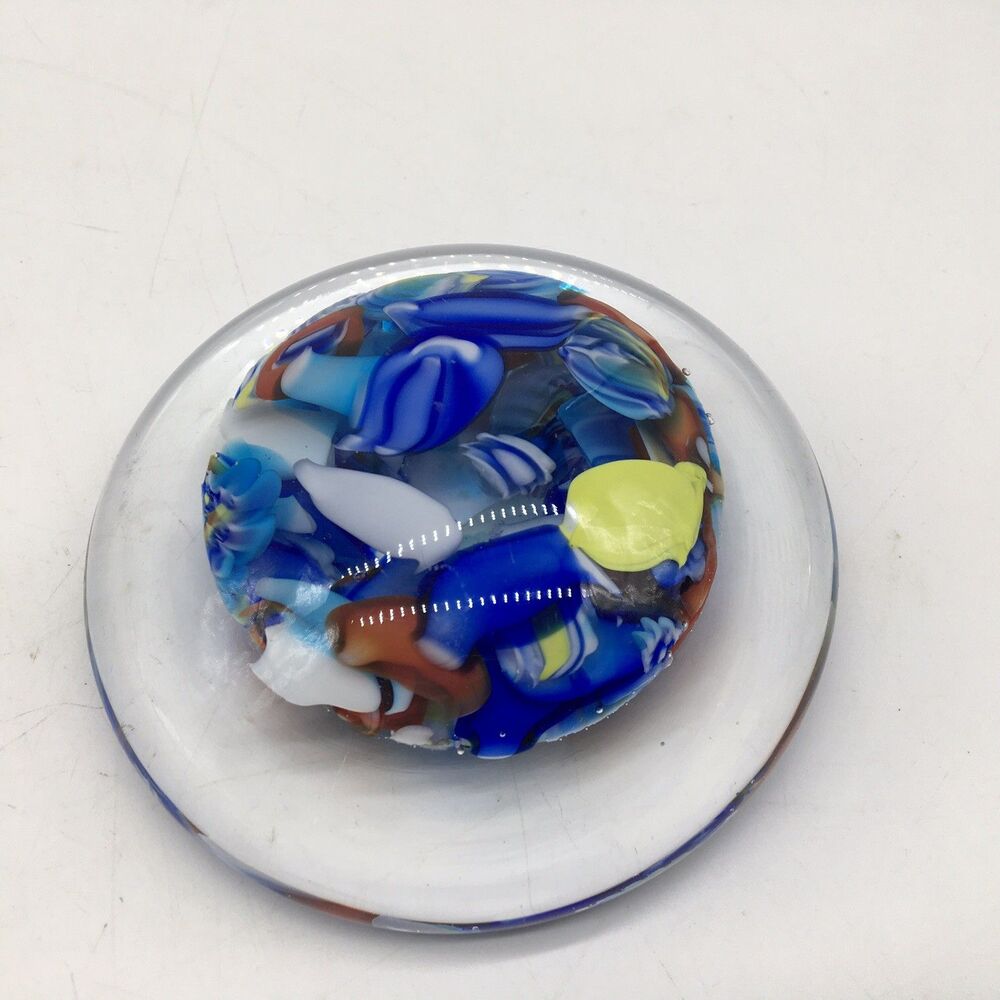 1960s  Murano Italy Frammenti Art Glass Paperweight Blue Yellow 4.75” Sticker